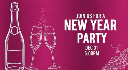 New year party invitation with champagne bottle and glasses