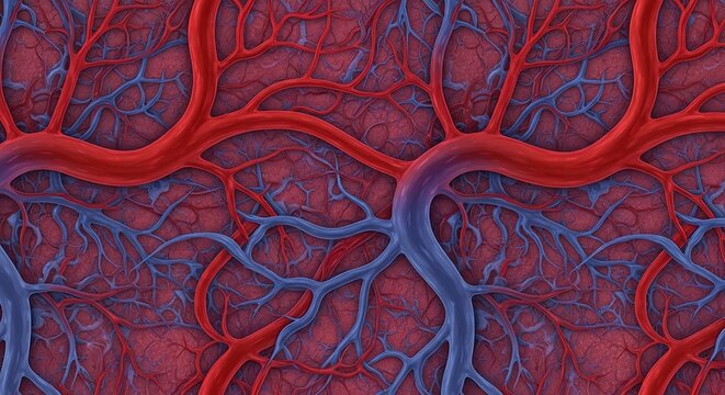 Detailed depiction of human blood vessels, featuring both arteries and veins in red and blue. Concept for medical illustration, anatomical study and science visualization