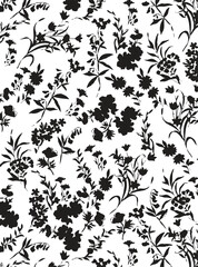 Romantic floral print with wildflowers sketch. Seamless pattern, gentle botanical background with various small flowers. Vector illustration.