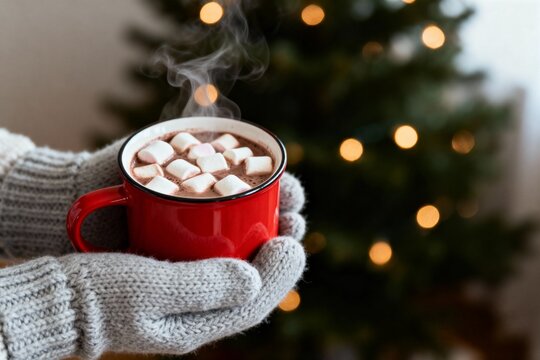 Hands in knitted gloves holding a hot steaming red mug of tea or hot chocolate with marshmallows against a Christmas tree background, generative AI