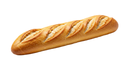 Freshly baked golden-brown French baguette, crispy crust, diagonal slashes, presented horizontally on transparent studio background with copy space, concept for commercial food photography