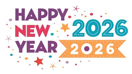 Happy new year 2026 celebration with colorful confetti and stars