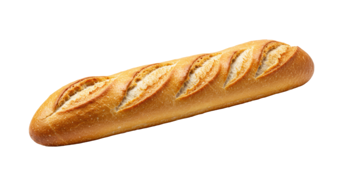 Freshly baked golden-brown French baguette, crispy crust, diagonal slashes, presented horizontally on transparent studio background with copy space, concept for commercial food photography
