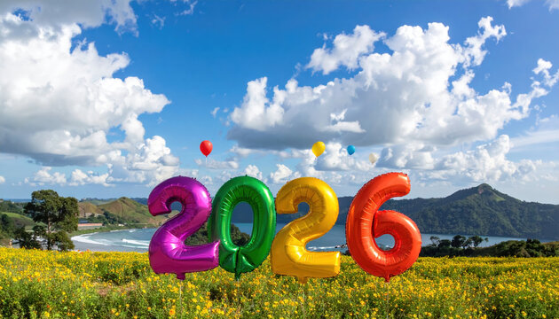 Colorful balloons shaped as numbers 2026 float above vibrant field of yellow flowers with scenic ocean view and mountains in background under bright blue sky with fluffy clouds