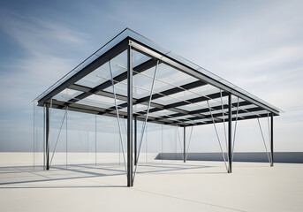 Modern architectural design featuring a steel frame structure and transparent glass panels