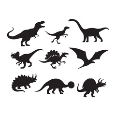 A collection of nine black silhouettes featuring various types of dinosaurs.  © shahariea