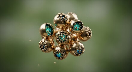 Naklejka premium Abstract Gold Spheres with Intricate Blue Details Cluster Together Against a Soft Green Background Perfect for Concepts Like Luxury Innovation and Advanced Technology