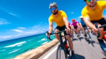 Group of cyclists riding along a sunny coastal road during an energetic outdoor race