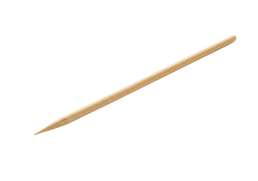 Slender light brown bamboo skewer, sharpened & blunt ends, wood grain, isolated diagonally on transparent background, copy space, macro close-up, clean style, concept of essential kitchen utility
