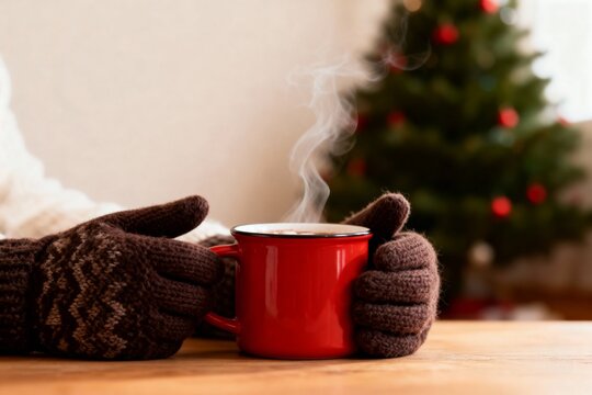Hands in knitted gloves holding a hot steaming red mug of tea or hot chocolate with marshmallows against a Christmas tree background, generative AI - Powered by Adobe