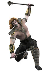 Obraz premium Warrior stands wielding spiked maces in both hands. He wears detailed armor on shoulders, forearms, and legs, with a muscular build and long, embodying strength and combat readiness. 3D Illustration