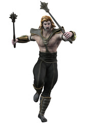 Obraz premium Warrior stands wielding spiked maces in both hands. He wears detailed armor on shoulders, forearms, and legs, with a muscular build and long, embodying strength and combat readiness. 3D Illustration