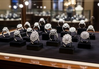 Elegant diamond rings displayed in a luxury jewelry store showcase