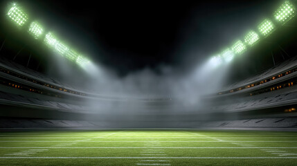 Fototapeta premium Football stadium with bright lights, green grass field, dramatic night atmosphere, empty seats, and misty air create excitement