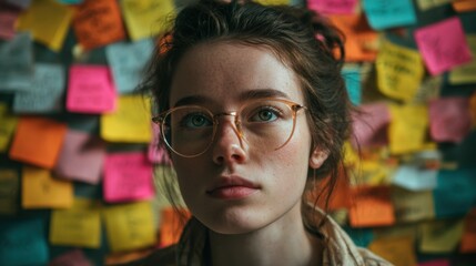 A young woman gazes thoughtfully as vibrant sticky notes surround her capturing her focus and creativity.