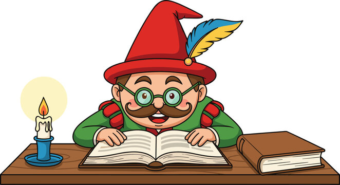 Cartoon character reading book, fantasy outfit, storytelling scene, vector illustration, candlelight table, magical theme, educational art, whimsical design