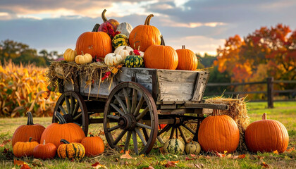 Rustic wooden cart filled with variety of pumpkins and gourds sits in field, surrounded by autumn foliage and cornfield. vibrant colors of pumpkins and leaves create festive fall atmosphere
