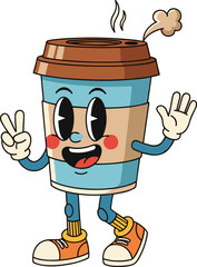 Cartoon coffee cup character, smiling face, peace sign, steam rising, striped design, cheerful mascot, morning energy, beverage illustration, fun style