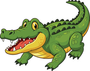 Cartoon crocodile, green body, yellow belly, friendly face, walking pose, open mouth, sharp teeth, vector art, children theme, white background