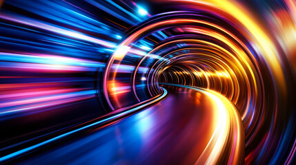 Obraz premium Vibrant neon tunnel illuminated with colorful lights creating a futuristic atmosphere