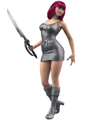 Obraz premium 3D illustration of a futuristic female warrior with vibrant pink hair, wearing a black leather dress and boots, confidently holding a large sci-fi sword, ready for battle in a sleek modern style.