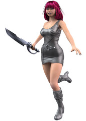 Fototapeta premium 3D illustration of a futuristic female warrior with vibrant pink hair, wearing a black leather dress and boots, confidently holding a large sci-fi sword, ready for battle in a sleek modern style.