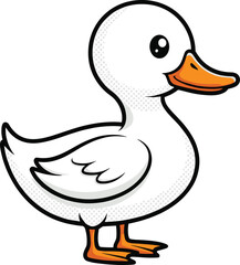 Cartoon duck, white feathers, orange beak, cheerful expression, bold outline, cute animal, children illustration, graphic style, simple design, white background