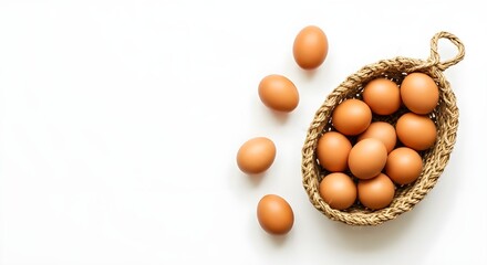 Farm fresh brown eggs in a rustic woven basket with some scattered on white