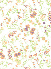 Romantic floral print with wildflowers sketch. Seamless pattern, gentle botanical background with various small flowers. Vector illustration.