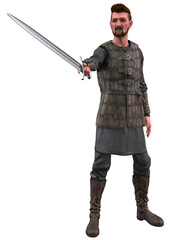 Fototapeta premium 3D rendered image of a medieval warrior wearing detailed leather armor and boots, holding a sword in one hand. Strong stance reflects strength, courage, and readiness for historical combat scenes.
