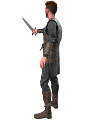 Fototapeta premium 3D rendered image of a medieval warrior wearing detailed leather armor and boots, holding a sword in one hand. Strong stance reflects strength, courage, and readiness for historical combat scenes.