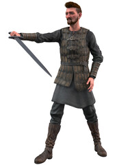 Fototapeta premium 3D rendered image of a medieval warrior wearing detailed leather armor and boots, holding a sword in one hand. Strong stance reflects strength, courage, and readiness for historical combat scenes.