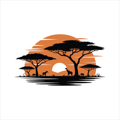 African wildlife silhouette scene with sun trees and animal figures © StyleGraphicArt(41)