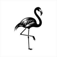 Elegant flamingo silhouette stands gracefully against a stark white background