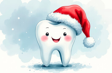 A happy tooth in a Santa hat on a blue watercolor background. Greeting card.