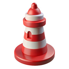 A miniature stylized red and white striped lighthouse shaped traffic cone with a wide base isolated on a white background