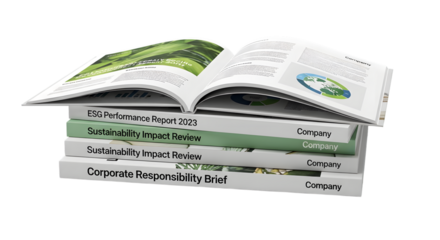 Stack of reports isolated on white background, corporate responsibility documents