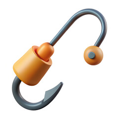 A stylized cartoonish fishing hook with orange accents and a rounded end isolated on a white background representing a playful fishing tool