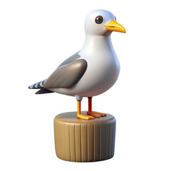 A charming cartoon seagull with bright eyes and a yellow beak stands proudly atop a wooden post against a white background