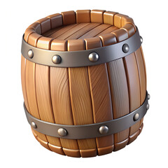 A rustic wooden barrel with metal bands and rivets showcasing traditional craftsmanship and storage potential isolated on a white background