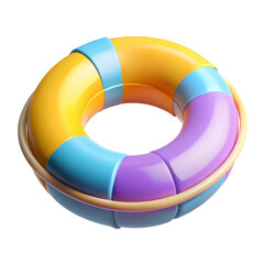 Vibrant inflatable swimming ring with colorful segments of yellow blue and purple on a white background
