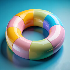 Vibrant inflatable swim ring with pastel color segments floating on a serene blue water surface
