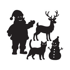Christmas silhouette set featuring Santa Claus, a reindeer, snowman, gnome, and cat.