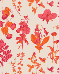 Romantic floral print with wildflowers sketch. Seamless pattern, gentle botanical background with various small flowers. Vector illustration.