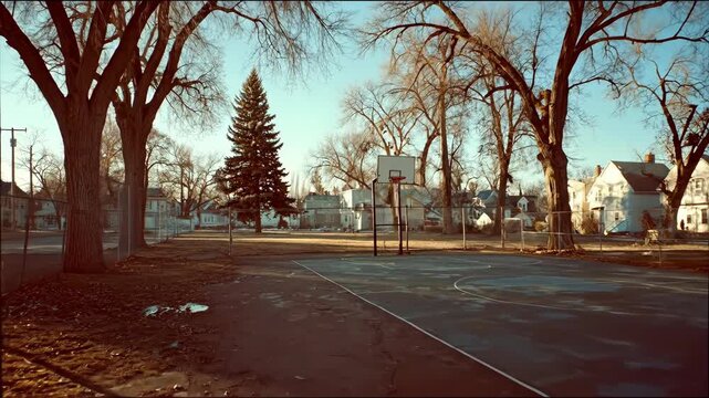Empty outdoor basketball court in a neighborhood park with bare trees, residential houses, and clear blue sky during autumn footage.