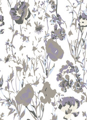 Romantic floral print with wildflowers sketch. Seamless pattern, gentle botanical background with various small flowers. Vector illustration.