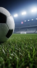Close-up view of textured soccer ball resting on green grass under stadium floodlights at night