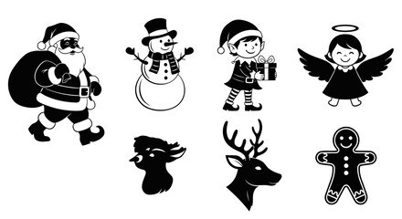 Naklejka premium Set of Traditional Winter Holiday Characters Like Santa Snowman Elf Angel Reindeer and Gingerbread Man Silhouette Vector Illustration Isolated on White Background for Design