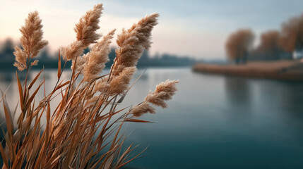 Fototapeta premium Tall reeds with fluffy tops sway gently by calm river, soft morning light and tranquil atmosphere enhance peaceful scene