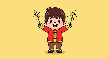 Cheerful Cartoon Boy in Red Chinese Outfit Holding Sparklers.